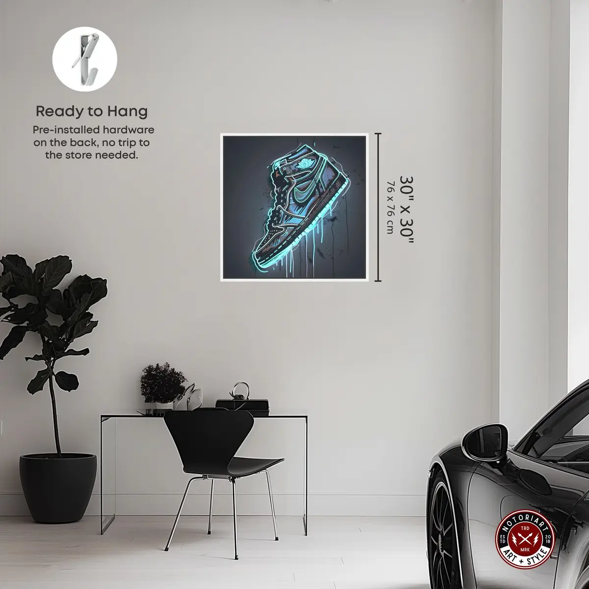 NotoriArt Blue Glow Sneaker Framed Canvas Wall Art 31" x 31" | Modern Fashion - view 4