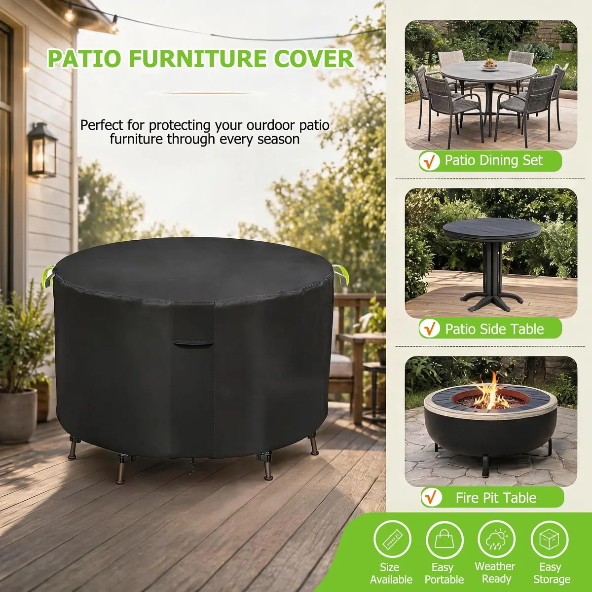 TIFILE Round Patio Furniture Cover 64" Dia x 27.5"H (163cm Dia x 70cm H) | Waterproof Outdoor Table Cover for Indian Monsoons - view 7