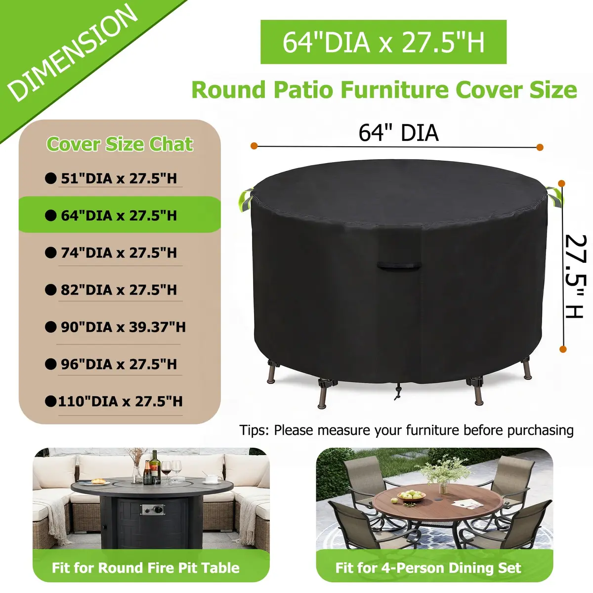 TIFILE Round Patio Furniture Cover 64" Dia x 27.5"H (163cm Dia x 70cm H) | Waterproof Outdoor Table Cover for Indian Monsoons - view 2