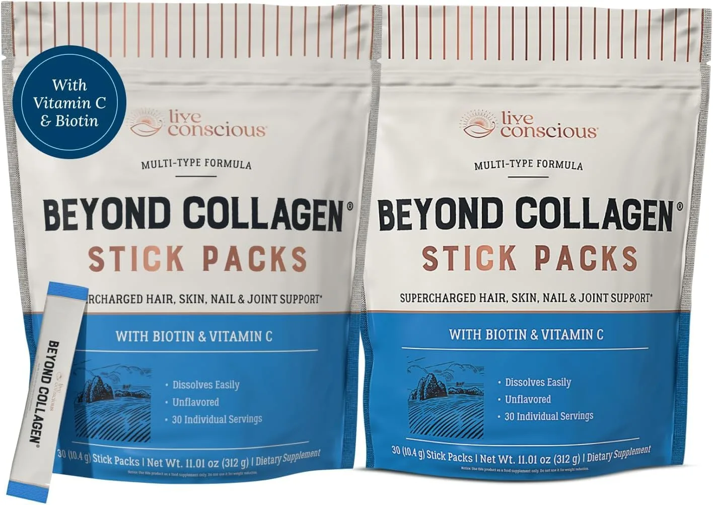 Live Conscious Beyond Collagen Peptides Powder Packets (60 Count) | 5 Types of Collagen for Hair, Skin, Nails & Joints - main product image