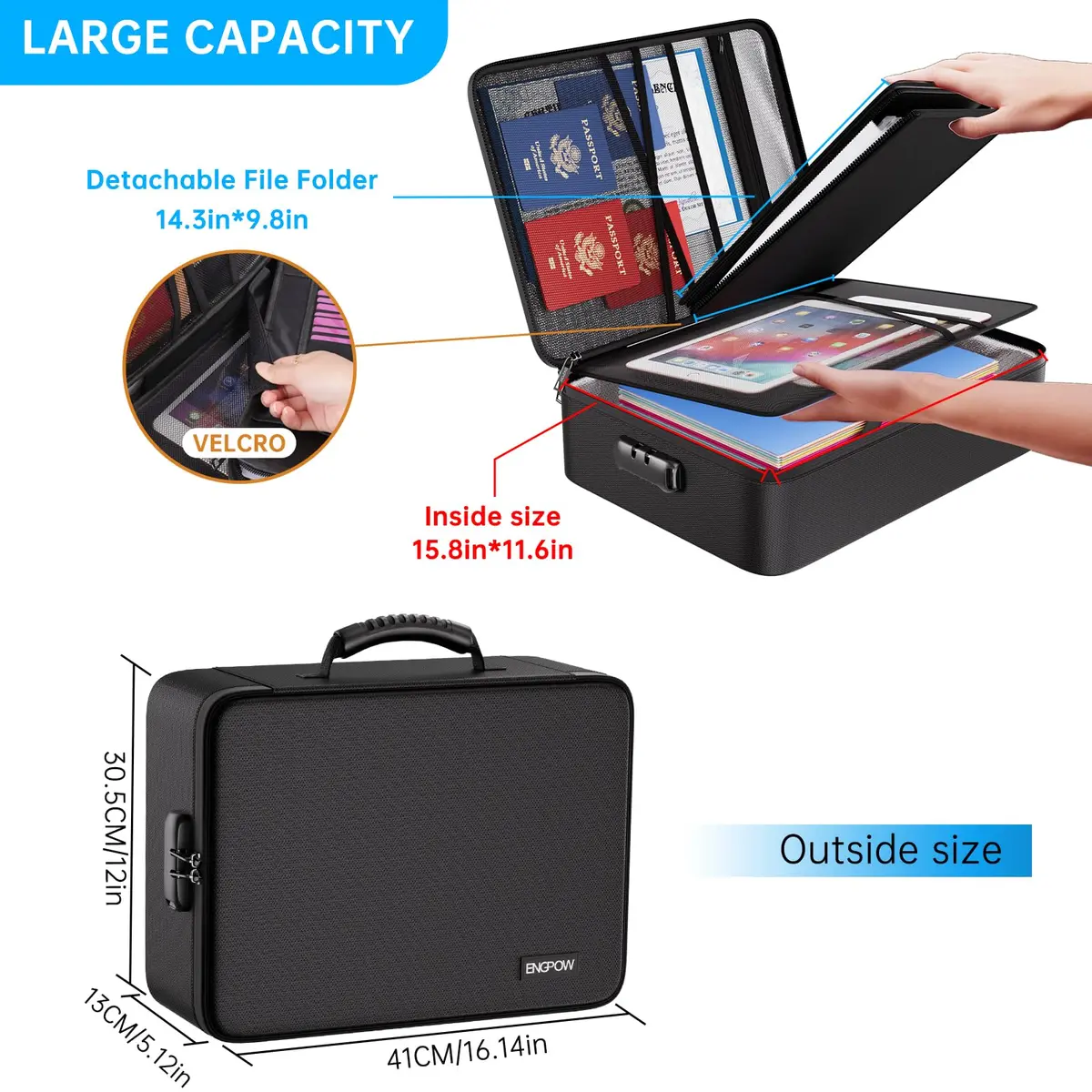 ENGPOW Fireproof Document Box with Lock & 25 Pockets Accordion File Folder, 43.7cm x 32.3cm x 6.5cm (16.1" x 12" x 5.1") | Protects Valuables in Fire & Flood - view 4