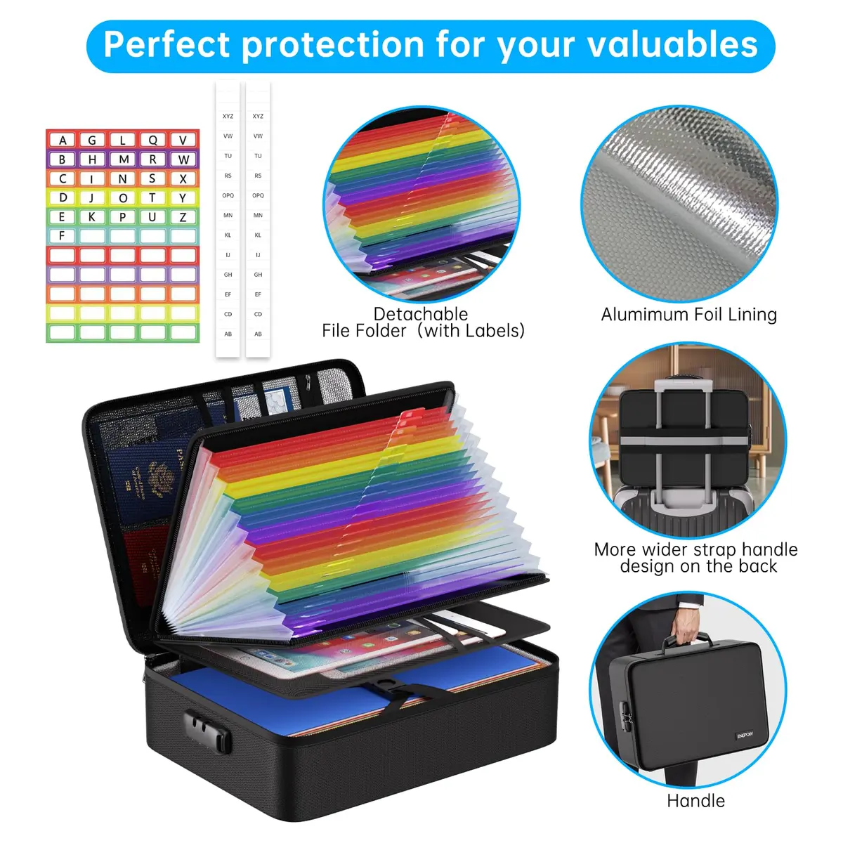 ENGPOW Fireproof Document Box with Lock & 25 Pockets Accordion File Folder, 43.7cm x 32.3cm x 6.5cm (16.1" x 12" x 5.1") | Protects Valuables in Fire & Flood - view 7