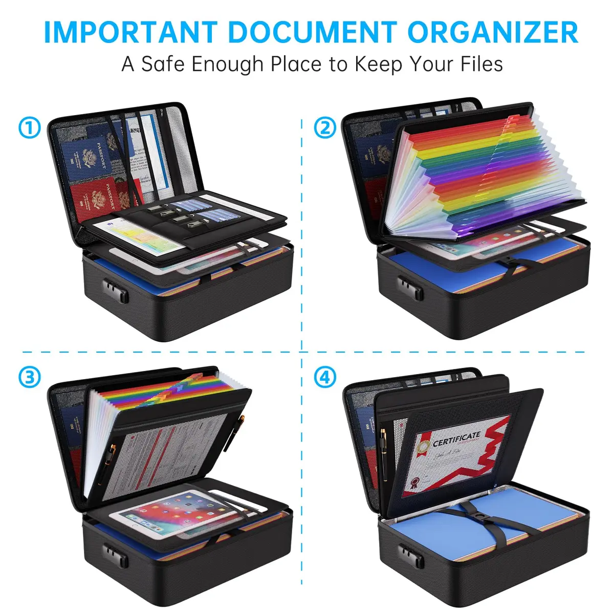 ENGPOW Fireproof Document Box with Lock & 25 Pockets Accordion File Folder, 43.7cm x 32.3cm x 6.5cm (16.1" x 12" x 5.1") | Protects Valuables in Fire & Flood - view 3