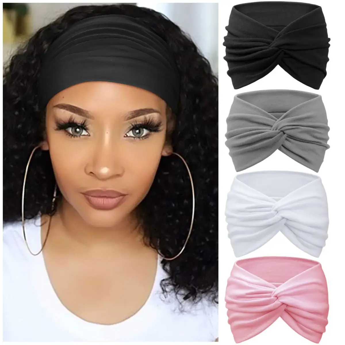 AQOKKA Extra Wide Headbands for Women Large Turban Headband 18cm (7.1in) | Boho Elastic Hairband with Twisted Knot - main product image