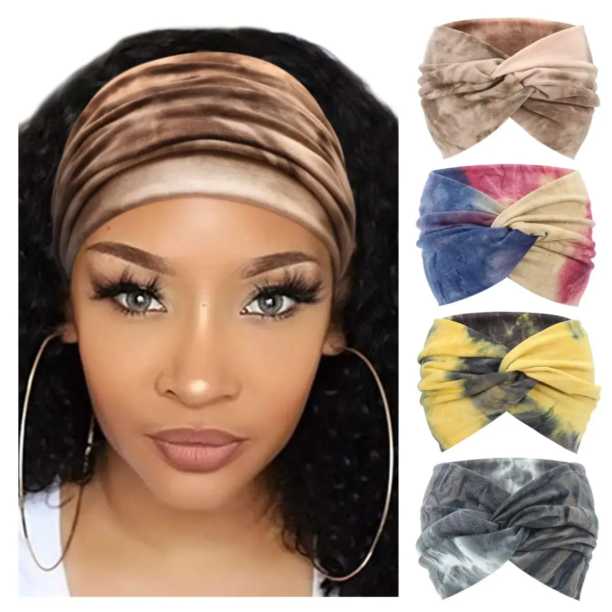 AQOKKA Extra Wide Headbands for Women Large Turban Headband Non Slip Boho Elastic Hairband Hair Twisted Knot Head Bands Accessories (4 Count, Set B) - main product image