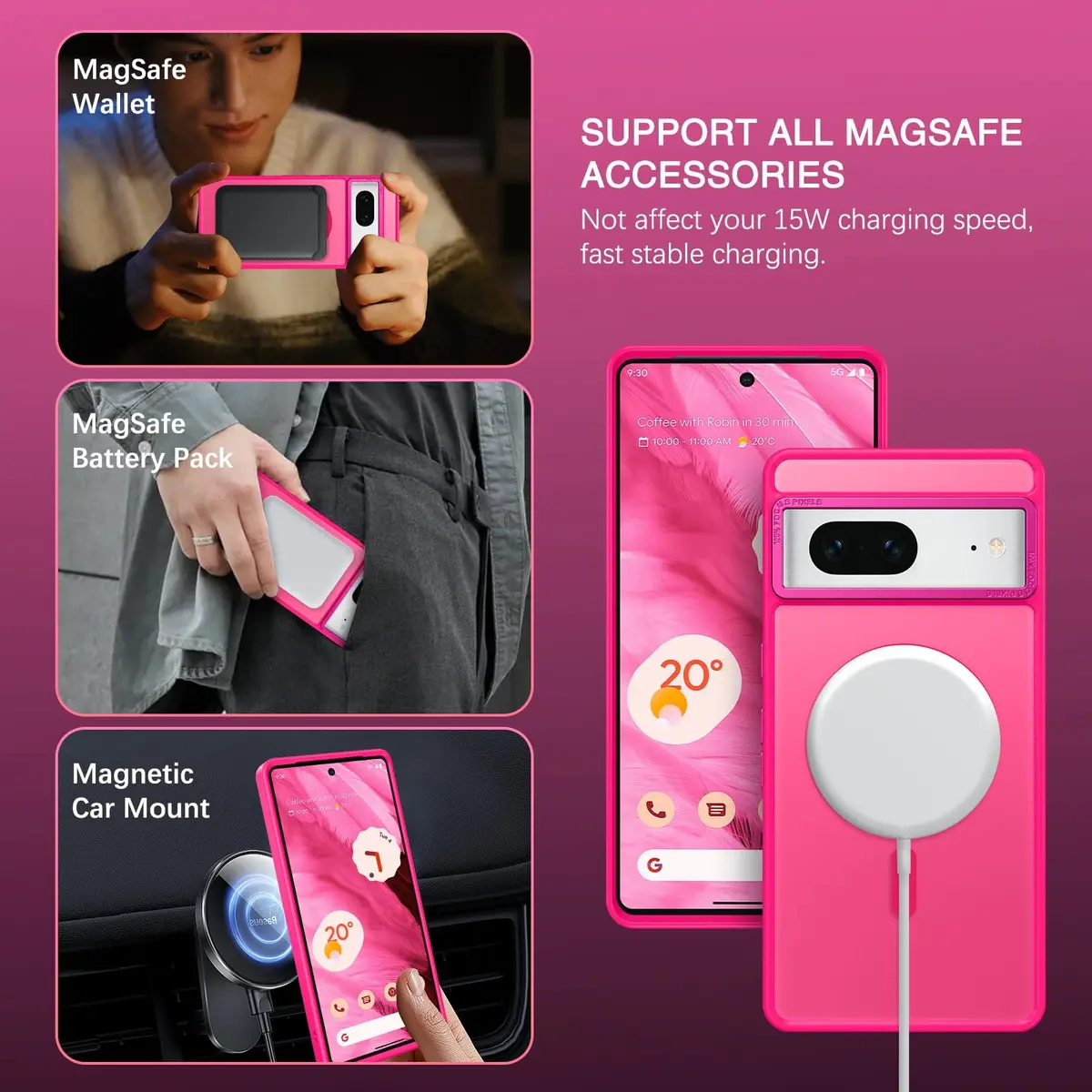BENTOBEN Hot Pink Translucent Matte Case for Google Pixel 7 6.4" | Magsafe Compatible Slim Shockproof - view 2
