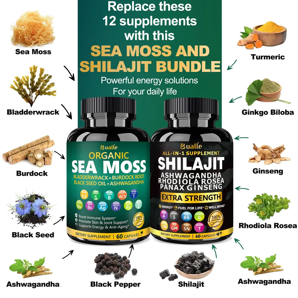 Bualle Shilajit Capsules 120 Count | Organic Himalayan & Immunity Boost - view 2