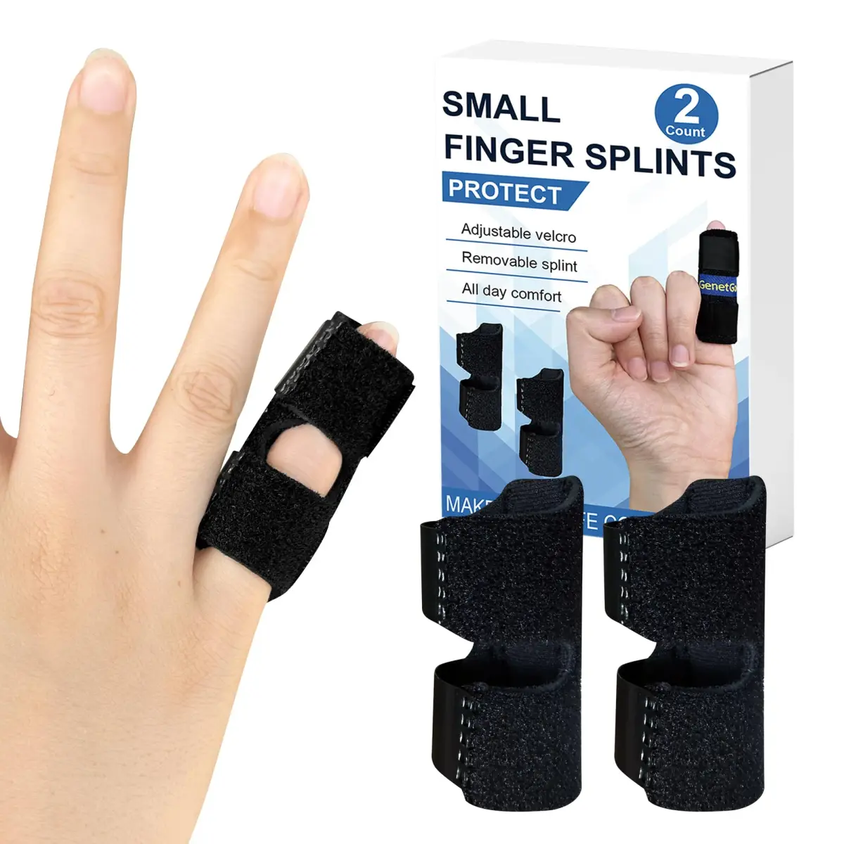 GenetGo Small Finger Splint 2-Pack | Black, Adult Pinkie & Kid's Finger Support for Arthritis & Injuries - main product image