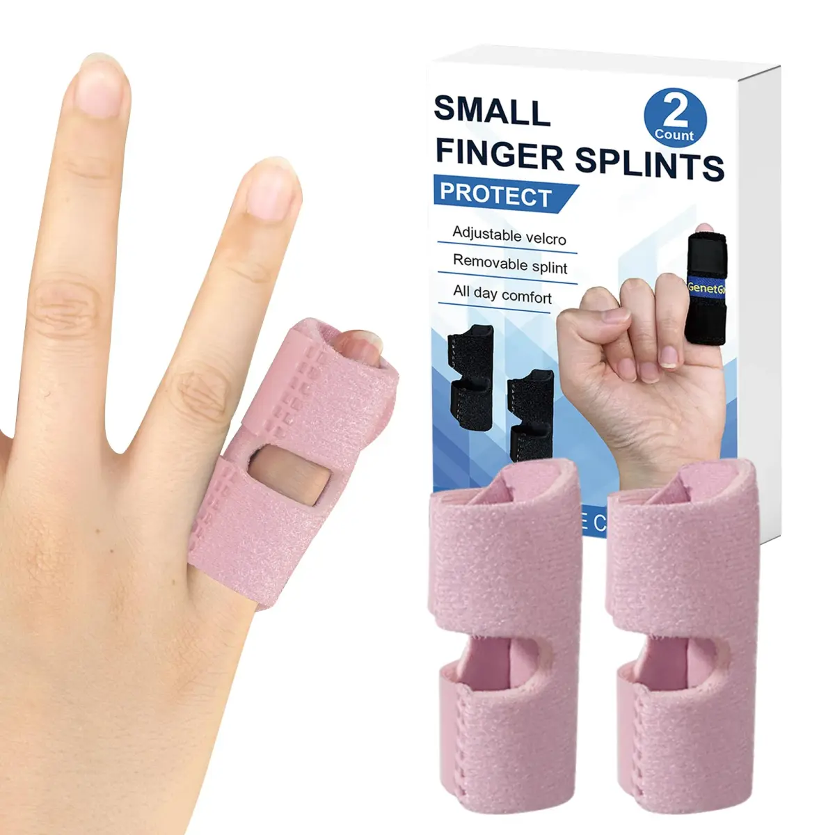 GenetGo Pink 2 Pack Small Finger Splint | Finger Brace for Broken Pinky, Arthritis Pain, Immobilization (Small) - main product image
