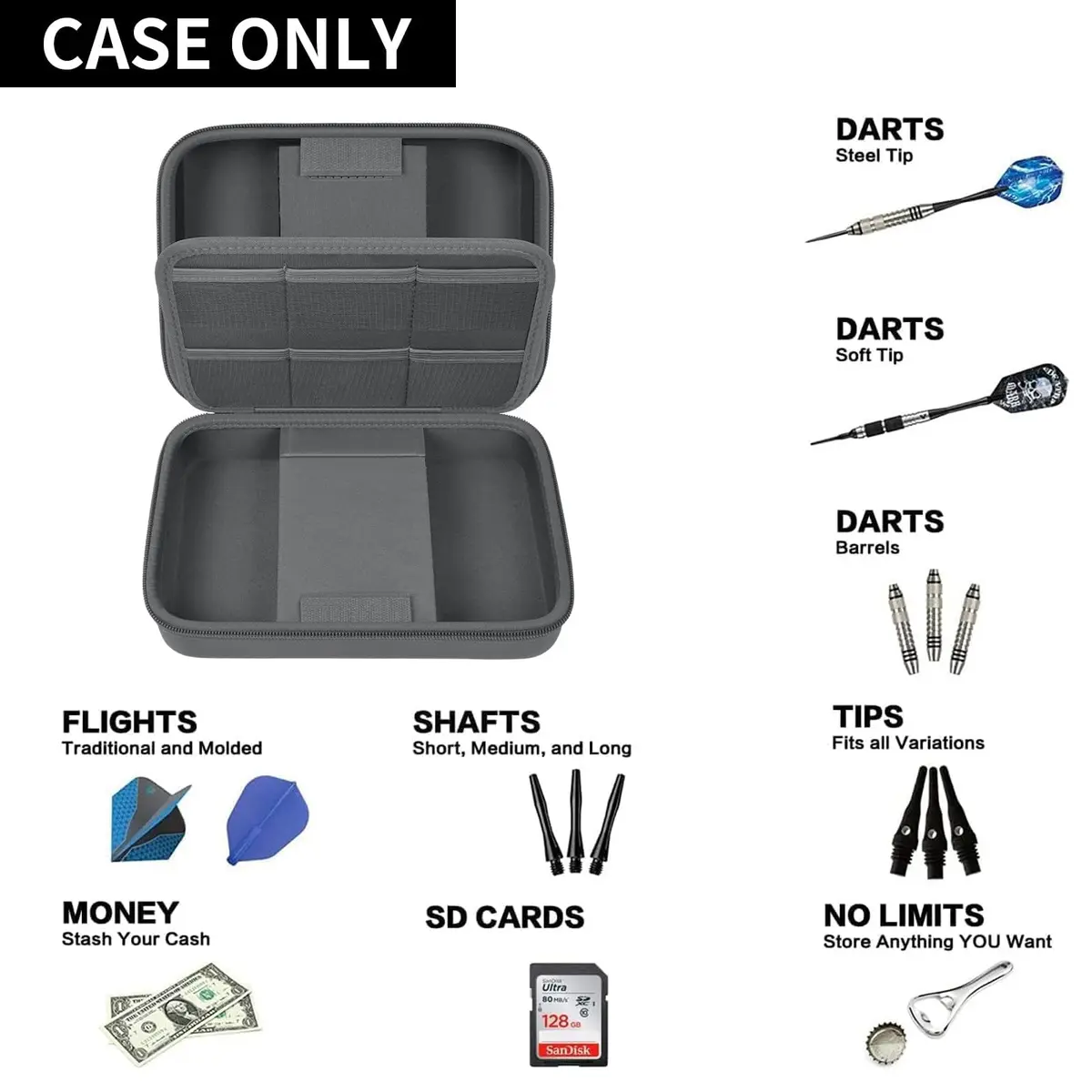 GWCASE Dart Case for 16 Steel & Soft Tip Darts | Grey, 12 Pockets, Durable Nylon, Travel Friendly - view 2