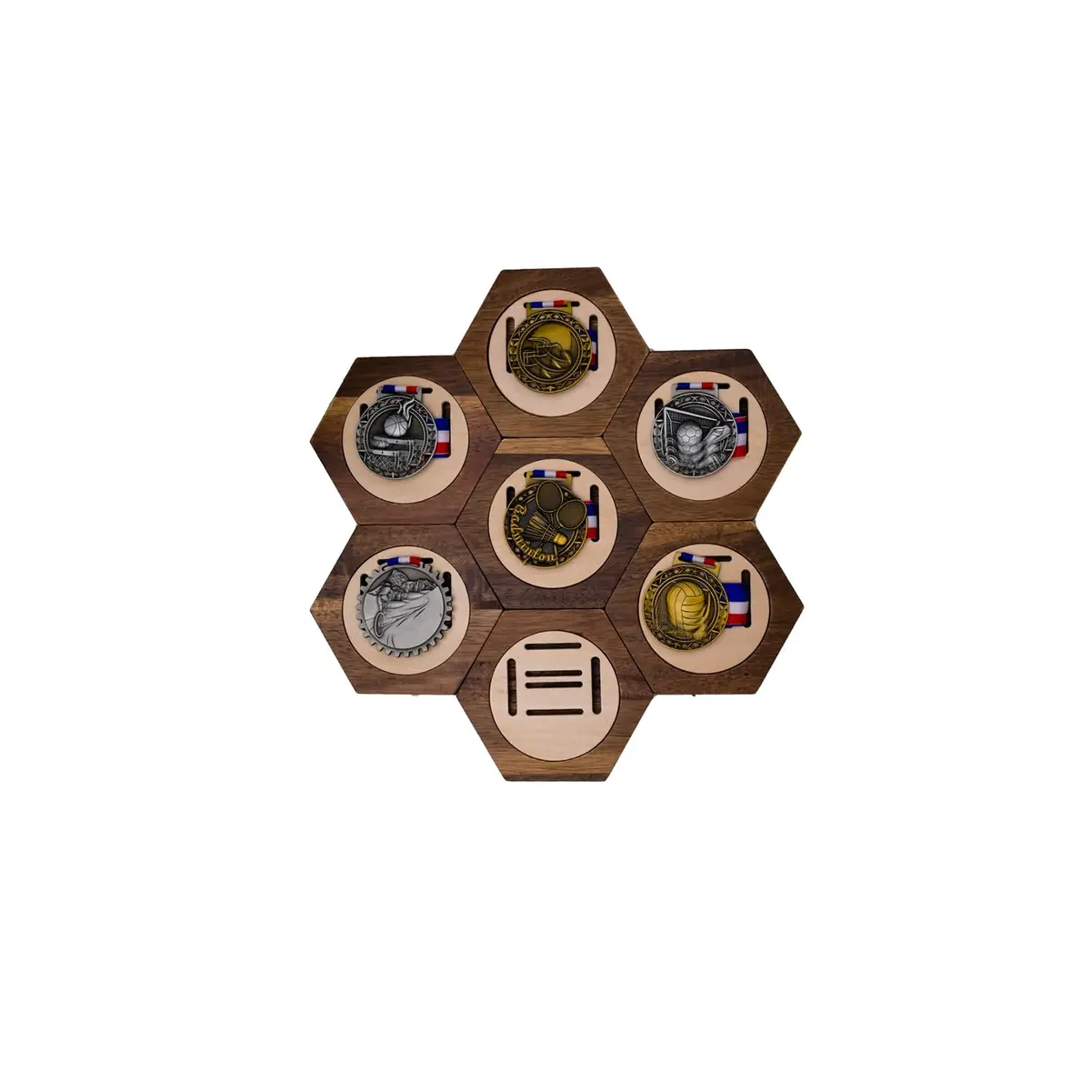 Suwyaner Hexagon Honeycomb Medal Display Hanger Rack - 7pc Wooden Wall Decor - main product image