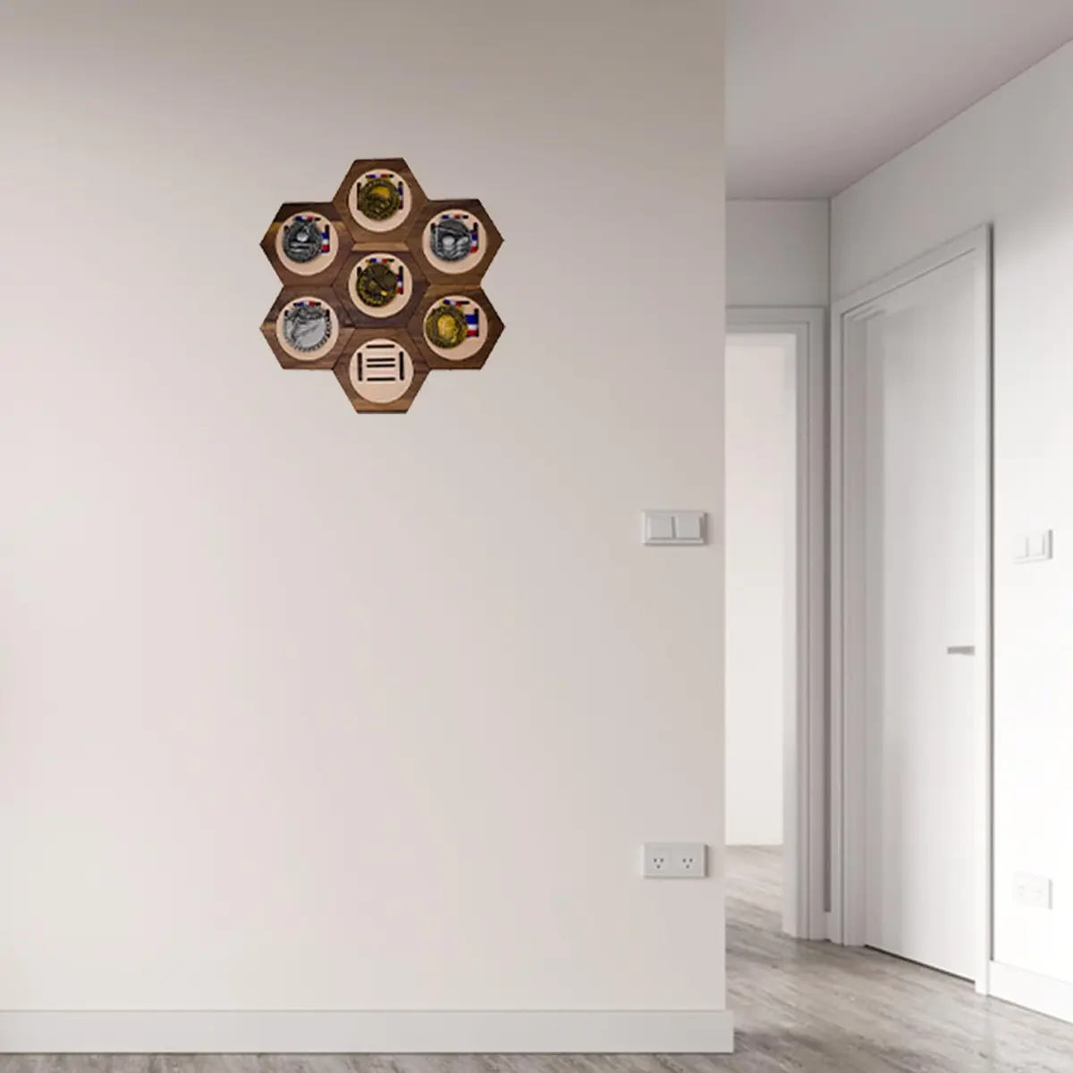 Suwyaner Hexagon Honeycomb Medal Display Hanger Rack - 7pc Wooden Wall Decor - view 5