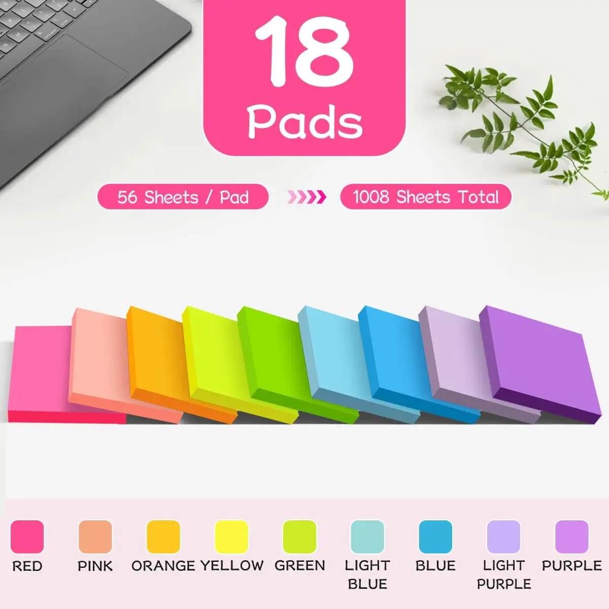 YEECOK Sticky Notes 3x3 inch, 18 Pads, 1008 Sheets Total | Bulk Pack Self-Stick Note for Students & Office - view 2