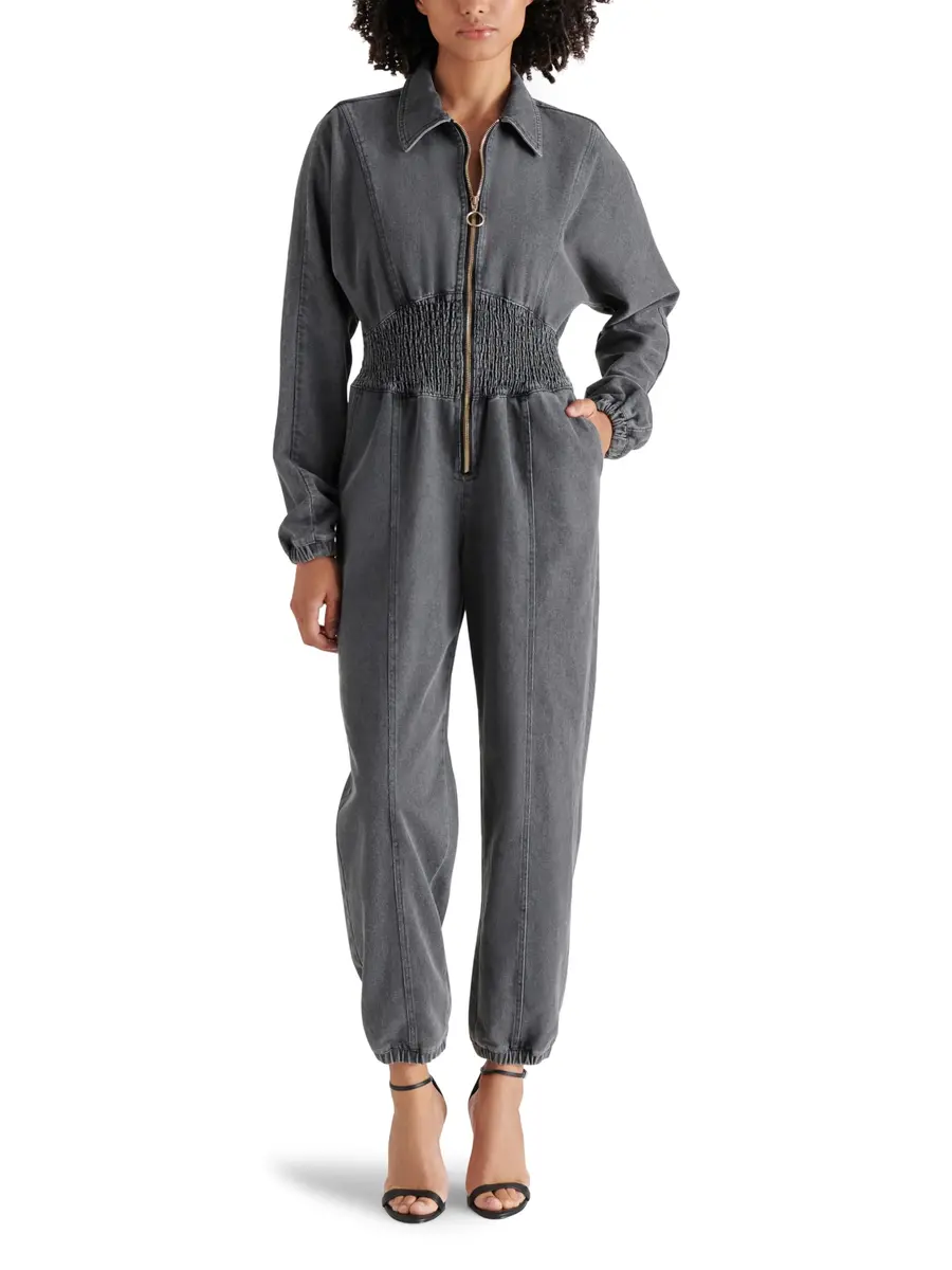 Steve Madden Apparel COYA DENIM JUMPSUIT, Black, Large | Relaxed Fit with Collared Neck - main product image