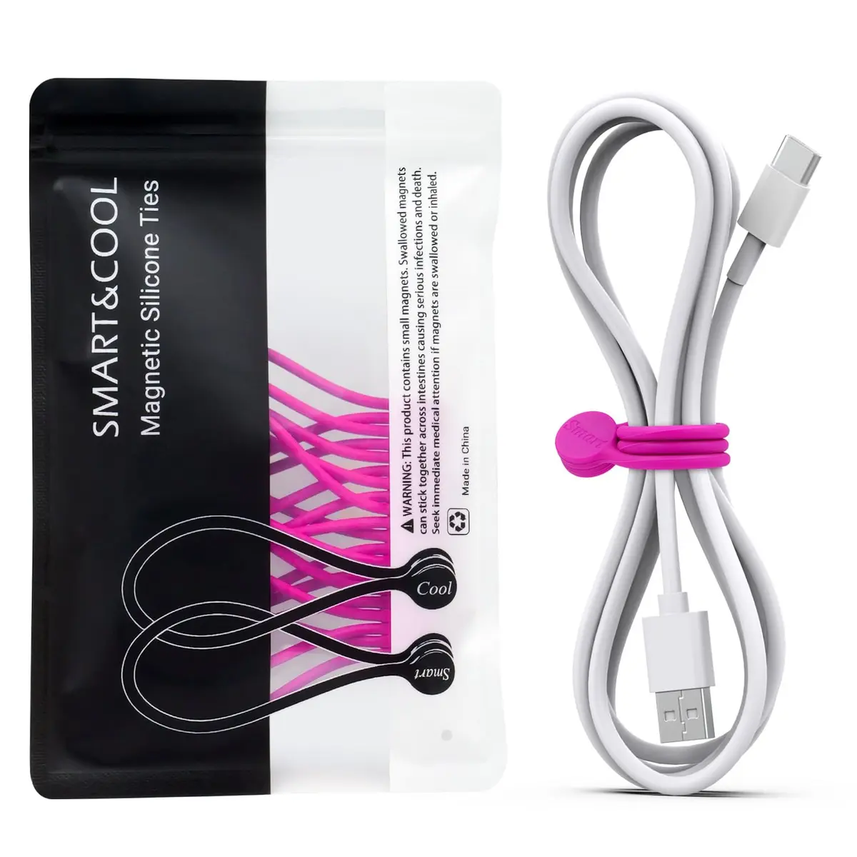 Smart&Cool Reusable Silicone Magnetic Cable Ties Pink 10-Pack | Organize & Secure Cords - main product image