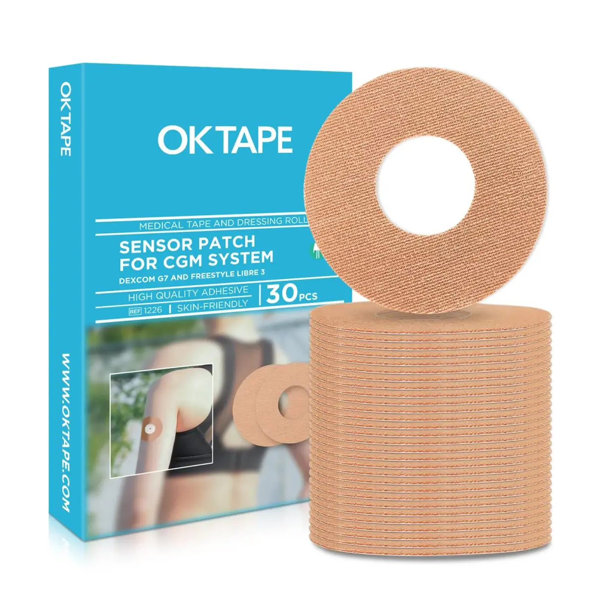 OK TAPE Adhesive Patches for CGM Sensors 30 Count Beige | Waterproof & Sweatproof for Long-Lasting Adhesion - main product image