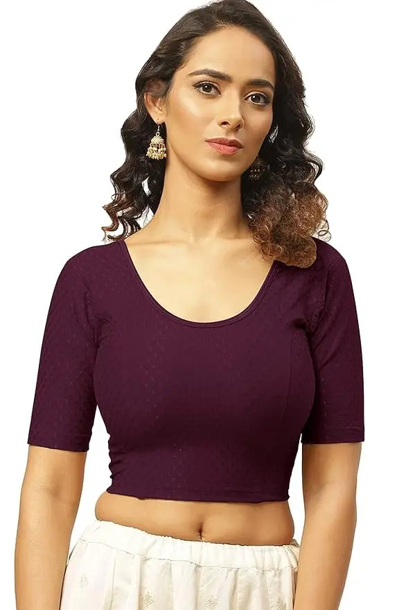 Fressia Fabrics Round Neck Pure Dobby Cotton Stretchable Elbow Sleeve Saree Blouse 208_burgundy 4XL | Stylish & Fully Stitched - view 2