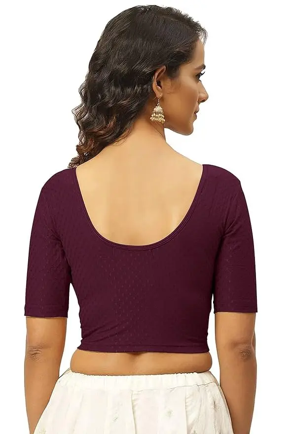 Fressia Fabrics Round Neck Pure Dobby Cotton Stretchable Elbow Sleeve Saree Blouse 208_burgundy 4XL | Stylish & Fully Stitched - view 3
