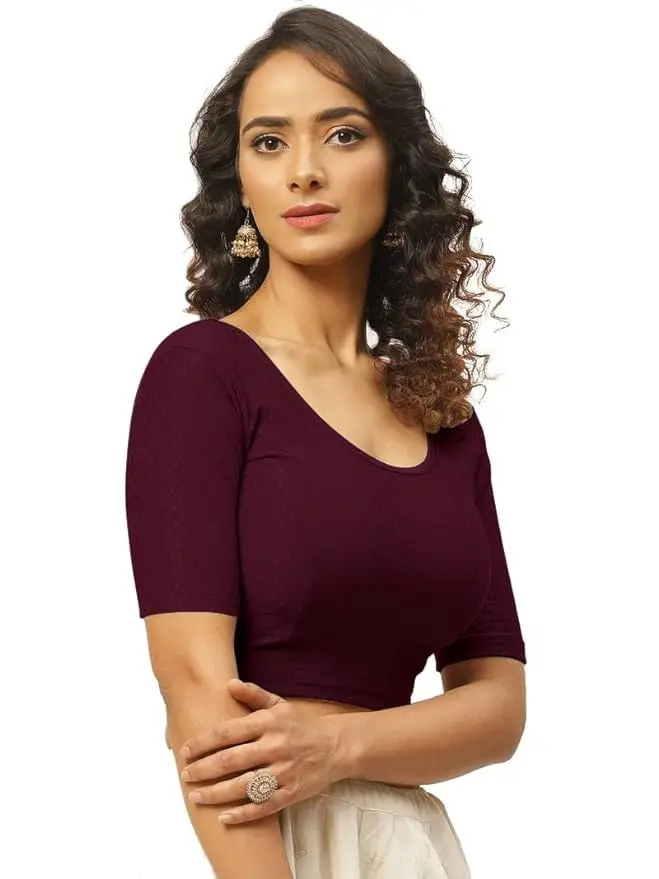 Fressia Fabrics Round Neck Pure Dobby Cotton Stretchable Elbow Sleeve Saree Blouse 208_burgundy 4XL | Stylish & Fully Stitched - view 5