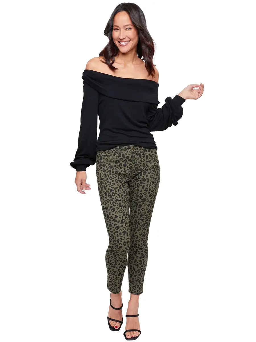Royalty For Me Women's Mid Rise Animal Print Ankle Jean, Olive Black Leopard, 12 | Trendy Animal Print Fit - view 2