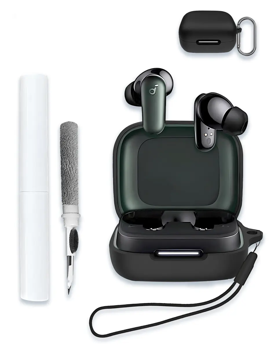 WUNIAK Black Silicone Case for Soundcore by Anker P30i Earbuds | Protective Portable Scratch Shock Resistant Hard Shell with Cleaner Kit & Carabiner & Lanyard - main product image