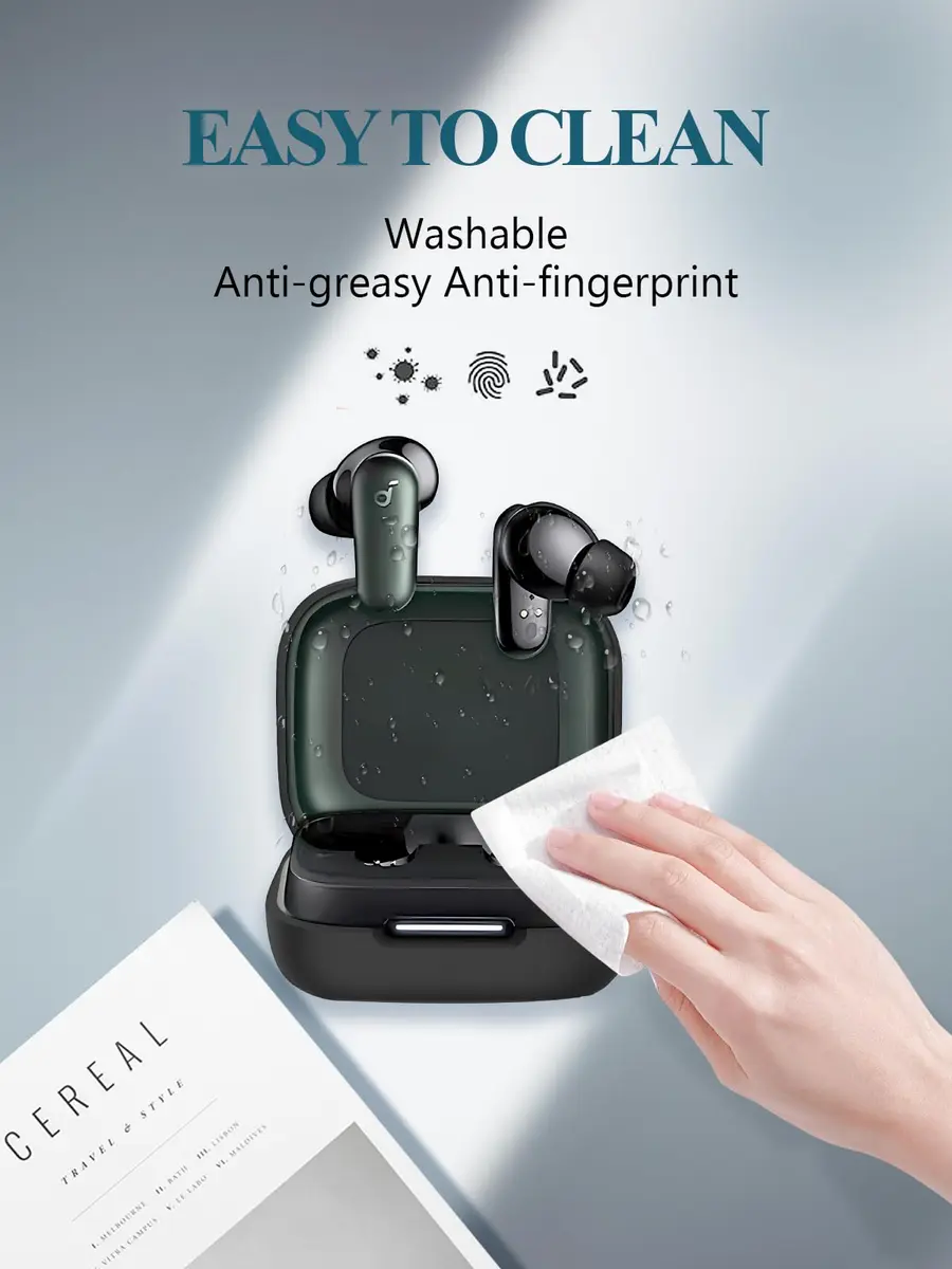 WUNIAK Black Silicone Case for Soundcore by Anker P30i Earbuds | Protective Portable Scratch Shock Resistant Hard Shell with Cleaner Kit & Carabiner & Lanyard - view 6