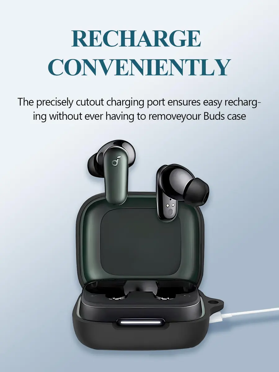 WUNIAK Black Silicone Case for Soundcore by Anker P30i Earbuds | Protective Portable Scratch Shock Resistant Hard Shell with Cleaner Kit & Carabiner & Lanyard - view 4