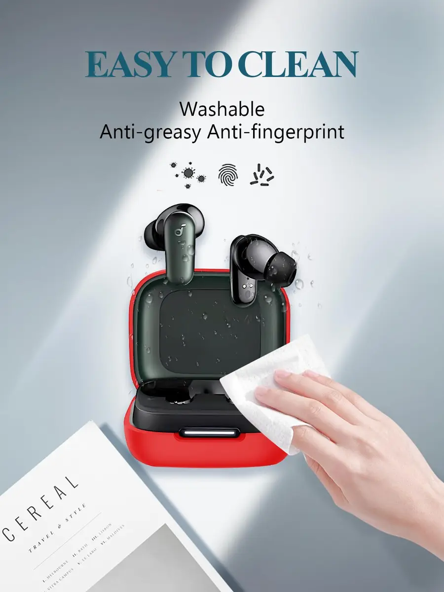 WUNIAK Red Silicone Case for Soundcore by Anker P30i Earbuds | Protective Portable Scratch Shock Resistant Hard Shell with Carabiner & Cleaner Kit - view 5
