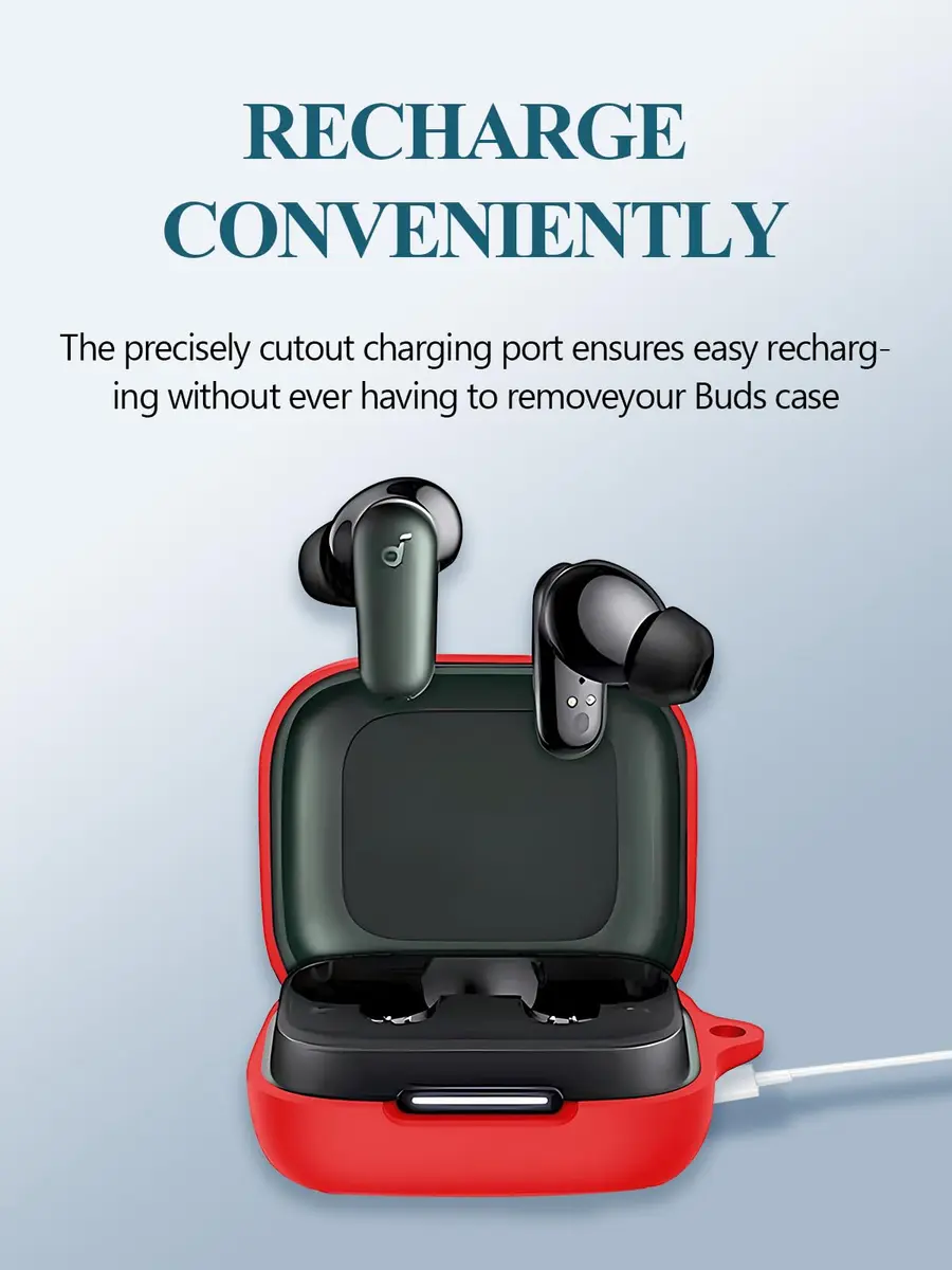 WUNIAK Red Silicone Case for Soundcore by Anker P30i Earbuds | Protective Portable Scratch Shock Resistant Hard Shell with Carabiner & Cleaner Kit - view 4