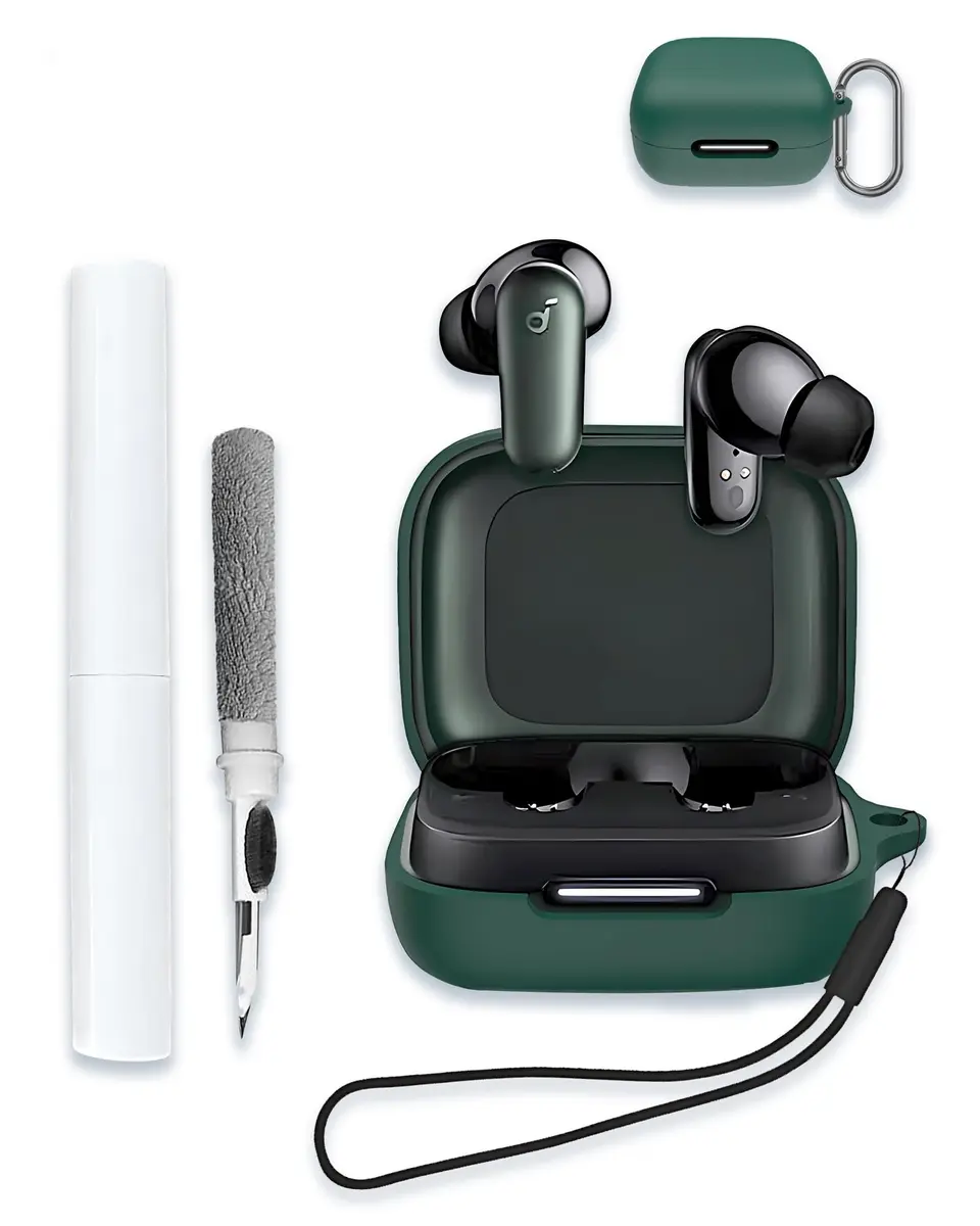 WUNIAK Green Silicone Case for Soundcore by Anker P30i Earbuds | Protective Portable Scratch Shock Resistant Hard Shell with Carabiner & Lanyard - main product image