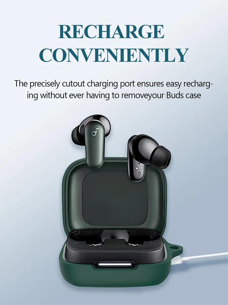 WUNIAK Green Silicone Case for Soundcore by Anker P30i Earbuds | Protective Portable Scratch Shock Resistant Hard Shell with Carabiner & Lanyard - view 4
