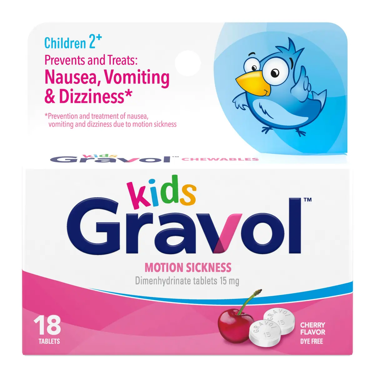Gravol Kids Chewable Tablets, Cherry Flavor, 18ct | Fast Motion Sickness Relief for Children - main product image