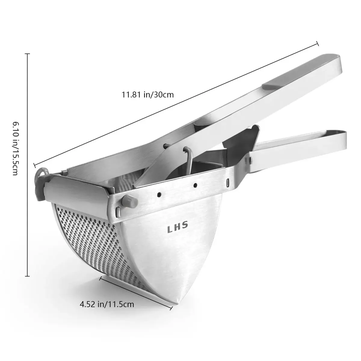 LHS Stainless Steel Potato Ricer and Masher, Heavy Duty Commercial Food Masher, Ergonomic Comfort Grip, Extra Large Capacity, Dishwasher Safe (Grey) | 0.6 kg (1.32 lb) - view 3