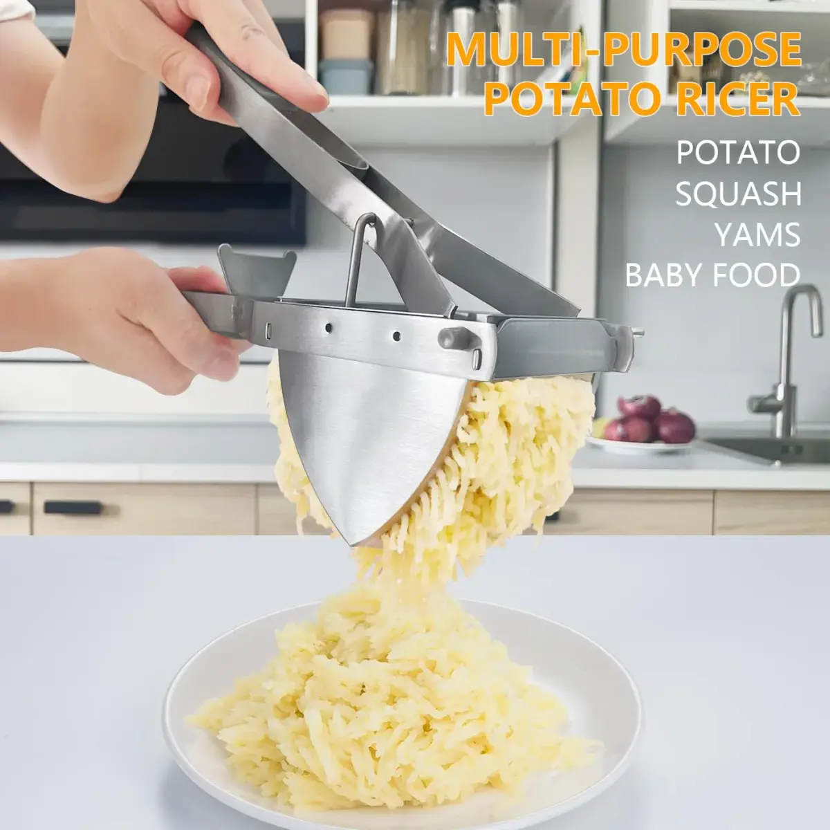 LHS Stainless Steel Potato Ricer and Masher, Heavy Duty Commercial Food Masher, Ergonomic Comfort Grip, Extra Large Capacity, Dishwasher Safe (Grey) | 0.6 kg (1.32 lb) - view 4