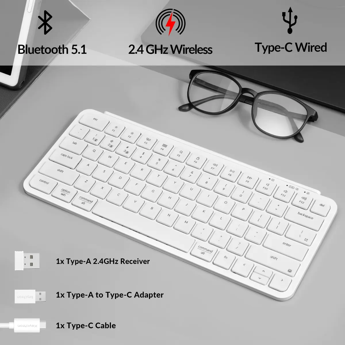 Keychron B1 Pro Ultra-Slim Wireless Keyboard White | 2.4 GHz, Bluetooth, Wired Connection for Mac Windows Linux - view 2