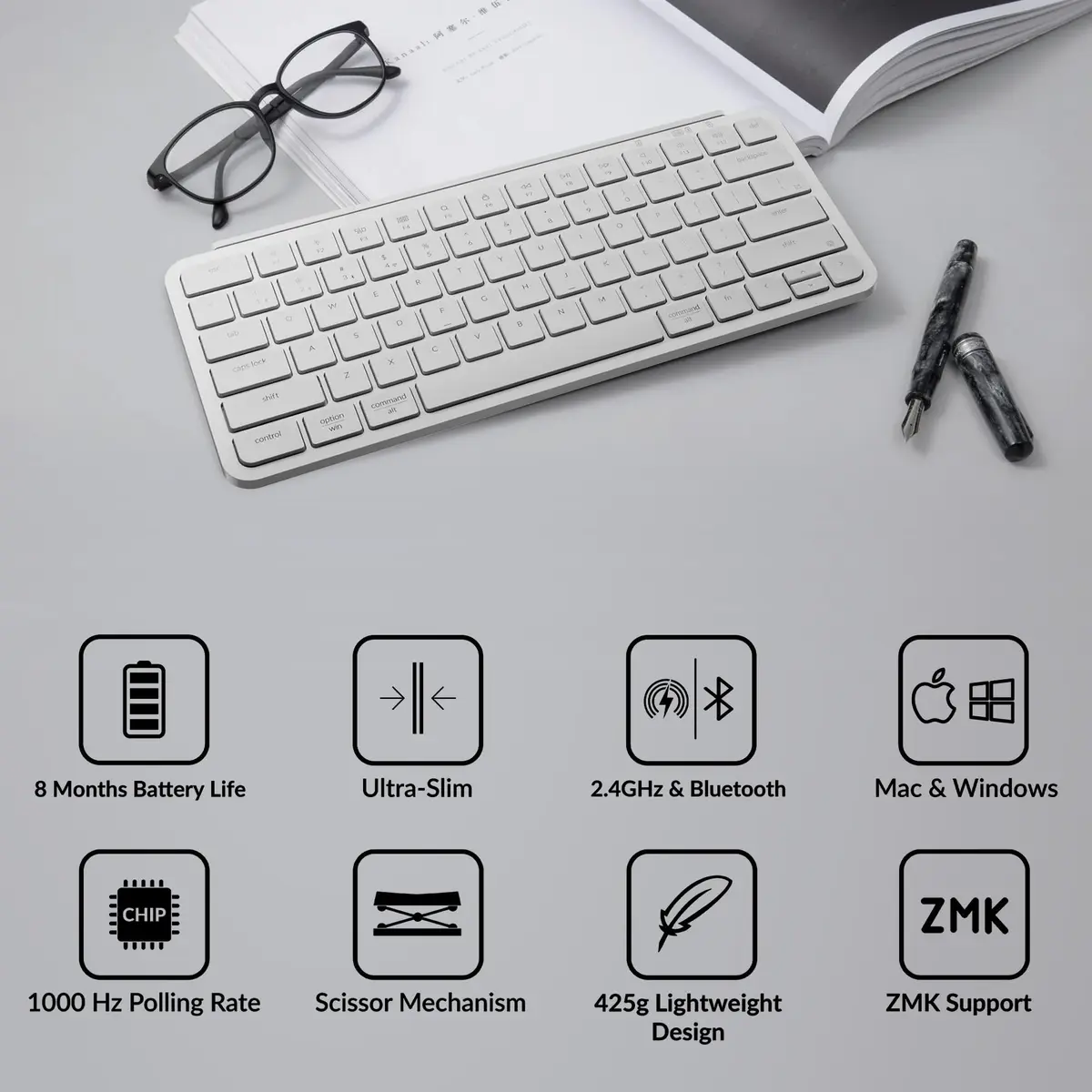 Keychron B1 Pro Ultra-Slim Wireless Keyboard White | 2.4 GHz, Bluetooth, Wired Connection for Mac Windows Linux - view 3