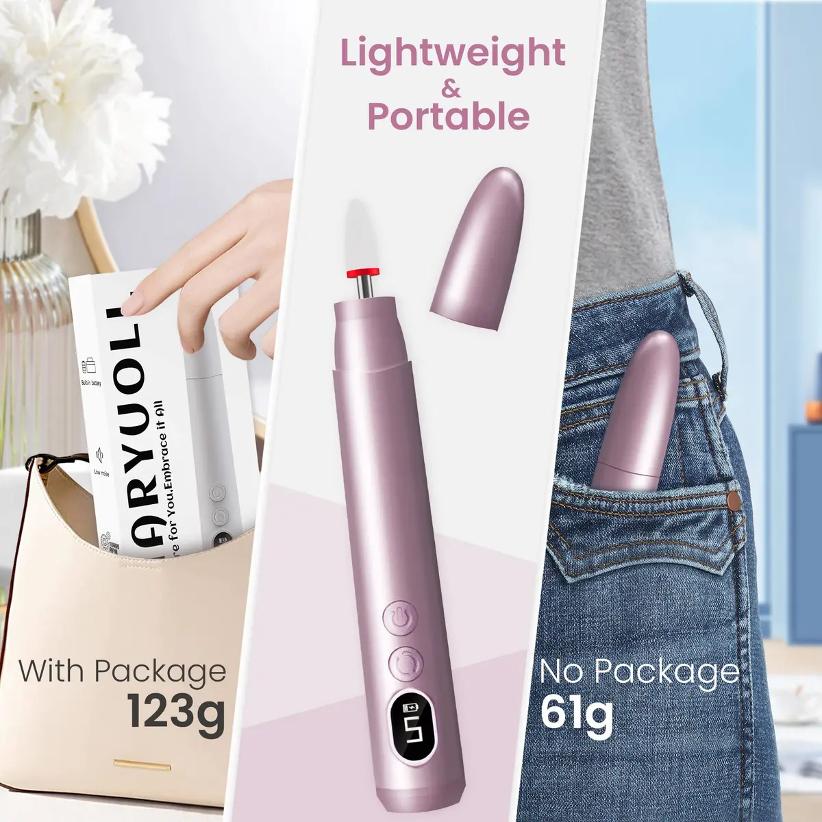 KIARYUOLL Cordless Electric Nail Drill Kit Purple | 5 Speeds 10,000-18,000 RPM, 4-Hour Battery Life, LED Light - view 5
