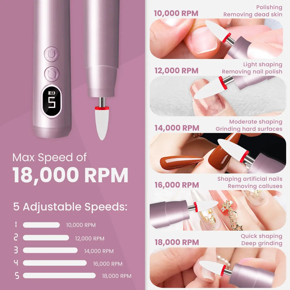 KIARYUOLL Cordless Electric Nail Drill Kit Purple | 5 Speeds 10,000-18,000 RPM, 4-Hour Battery Life, LED Light - view 3