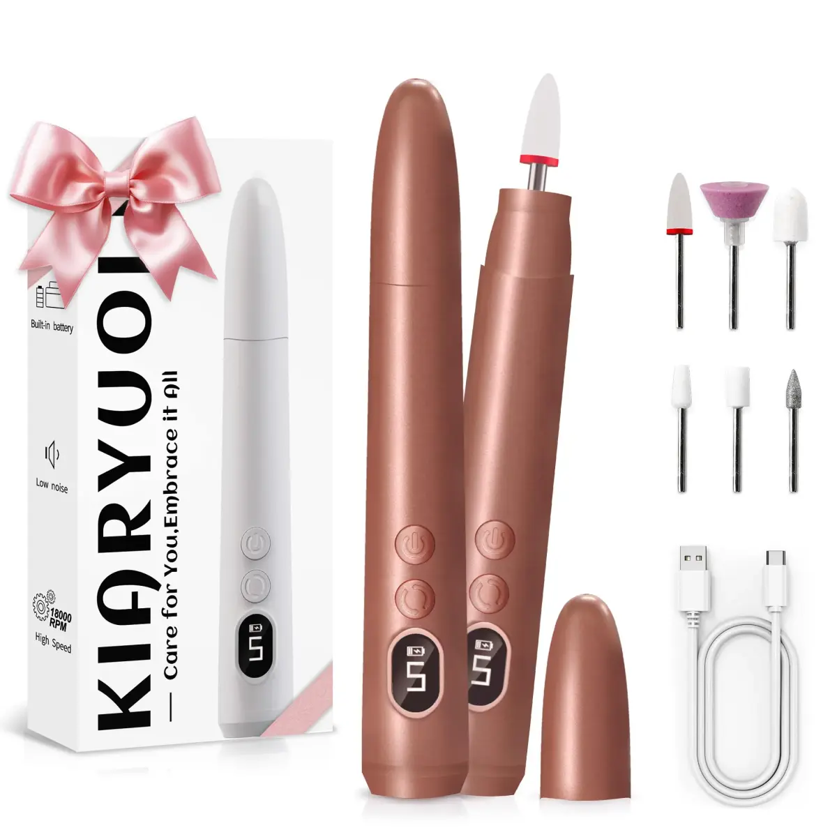 KIARYUOLL Cordless Rechargeable Nail Drill Kit, 5 Speed LED Gold | 18000 RPM Max Speed - main product image