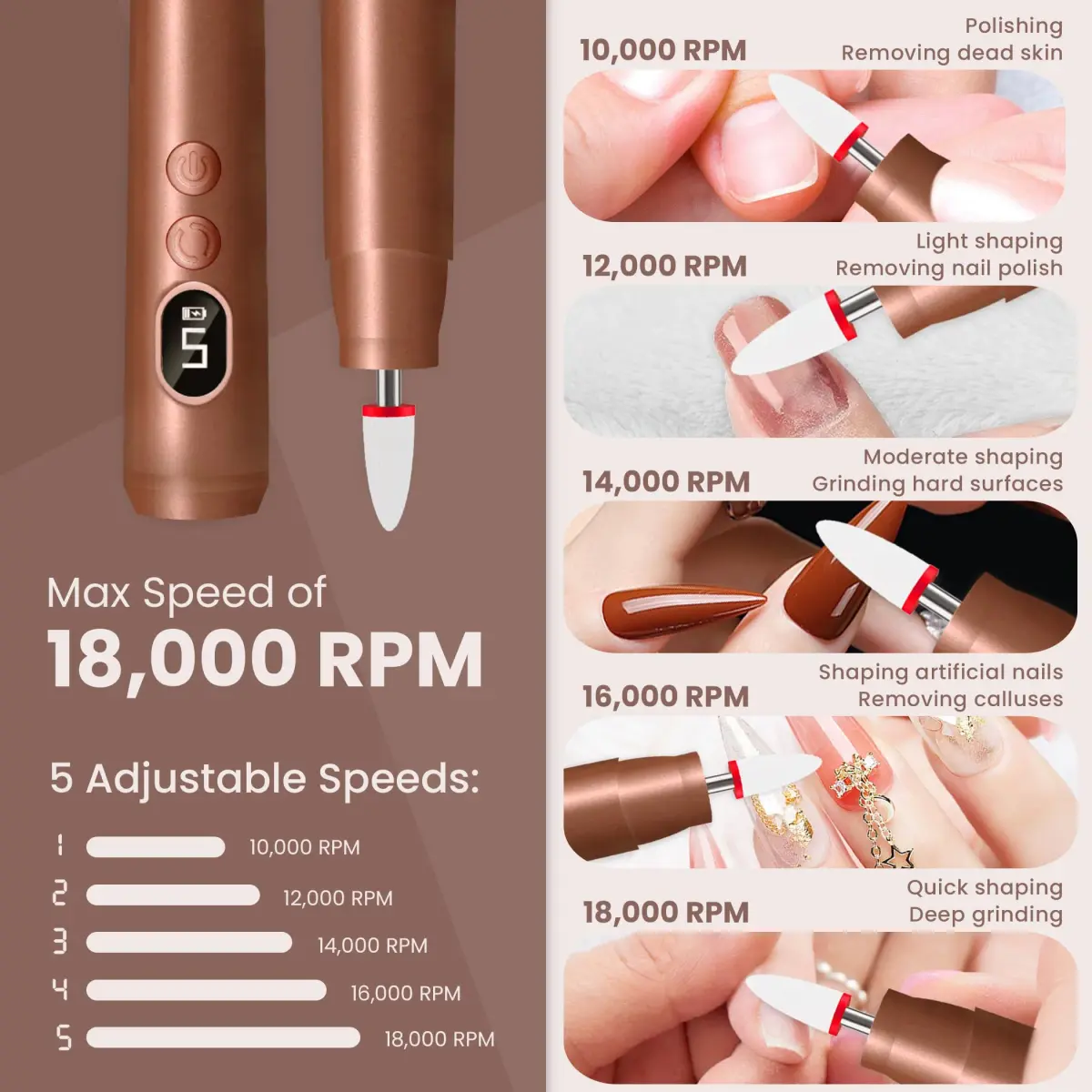 KIARYUOLL Cordless Rechargeable Nail Drill Kit, 5 Speed LED Gold | 18000 RPM Max Speed - view 3