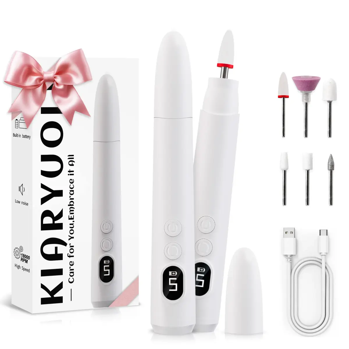 KIARYUOLL Cordless Rechargeable Nail Drill Kit White | 5 Speed LED, 18000 RPM, 4-Hour Battery - main product image