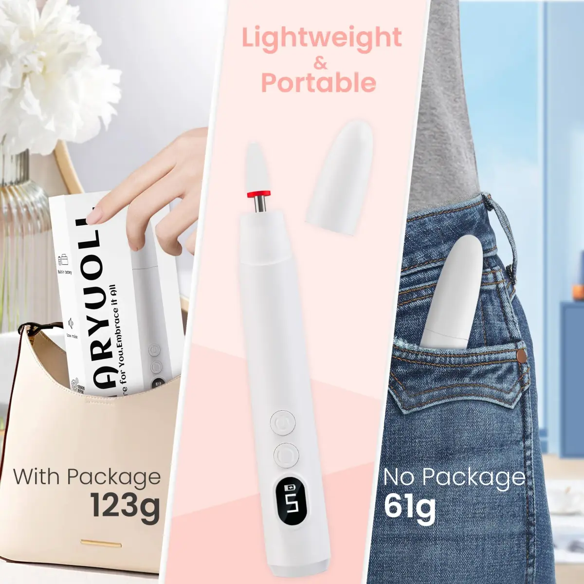 KIARYUOLL Cordless Rechargeable Nail Drill Kit White | 5 Speed LED, 18000 RPM, 4-Hour Battery - view 5