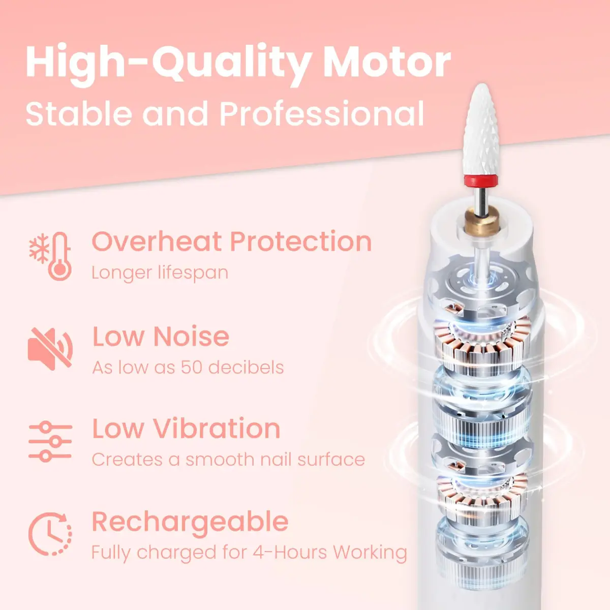 KIARYUOLL Cordless Rechargeable Nail Drill Kit White | 5 Speed LED, 18000 RPM, 4-Hour Battery - view 2