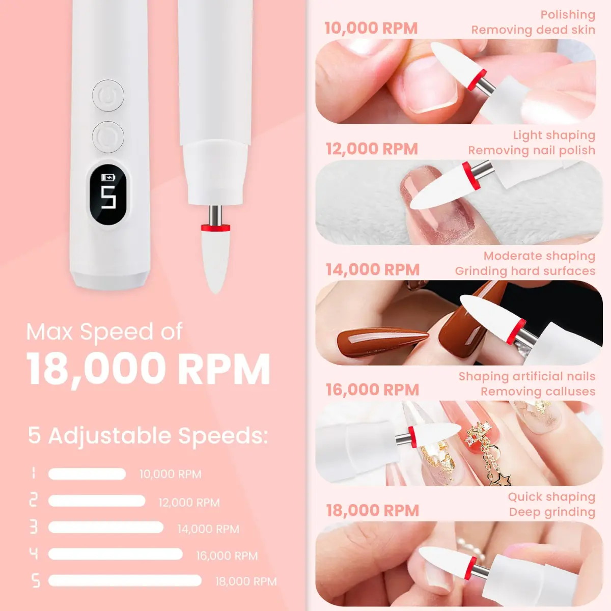 KIARYUOLL Cordless Rechargeable Nail Drill Kit White | 5 Speed LED, 18000 RPM, 4-Hour Battery - view 3