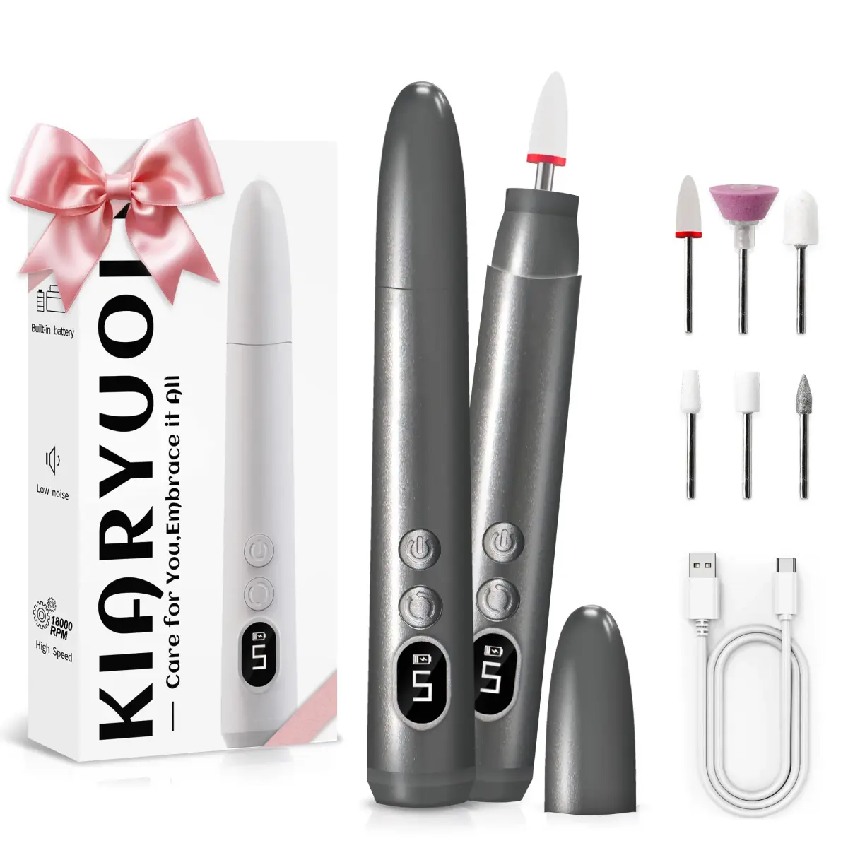KIARYUOLL Cordless Rechargeable Nail Drill Kit 60.5g (1.85Wh) | 5-Speed LED Grey Nail File - main product image
