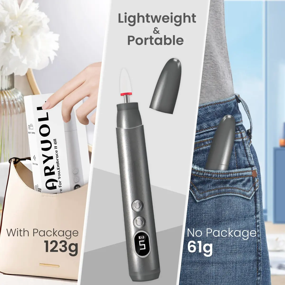 KIARYUOLL Cordless Rechargeable Nail Drill Kit 60.5g (1.85Wh) | 5-Speed LED Grey Nail File - view 5
