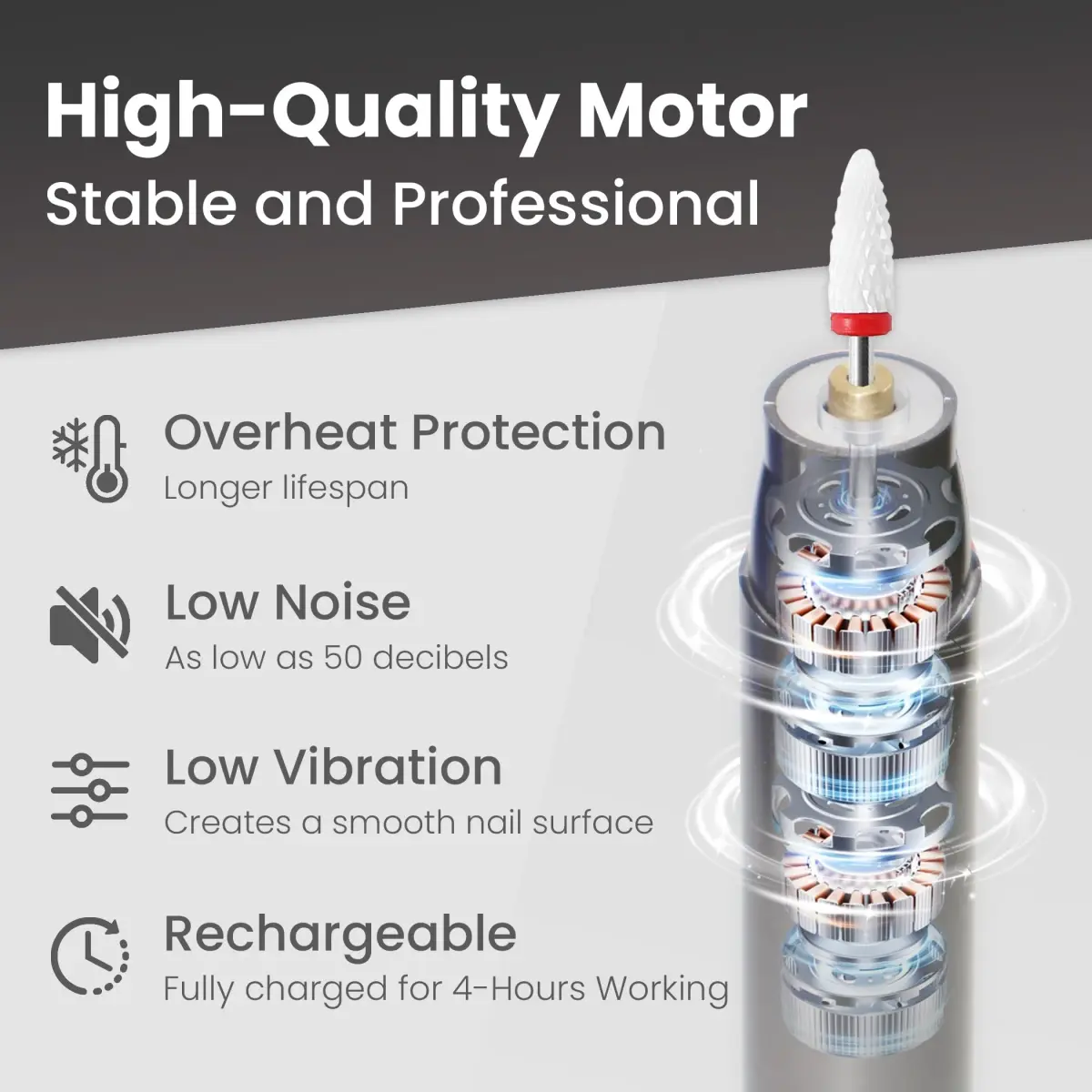 KIARYUOLL Cordless Rechargeable Nail Drill Kit 60.5g (1.85Wh) | 5-Speed LED Grey Nail File - view 2