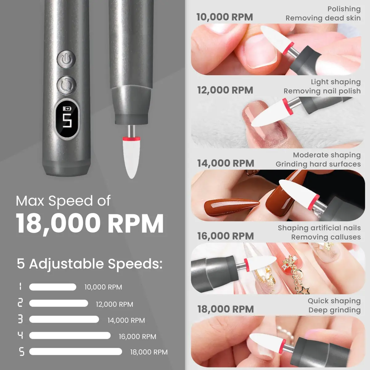 KIARYUOLL Cordless Rechargeable Nail Drill Kit 60.5g (1.85Wh) | 5-Speed LED Grey Nail File - view 3