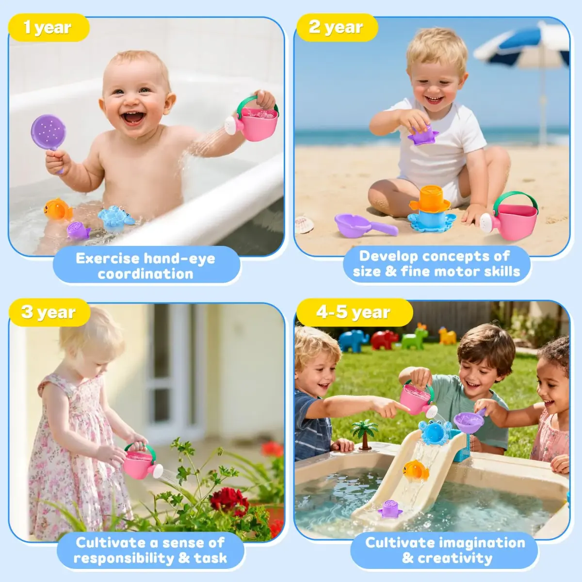 Fajiabao Baby Bath Toys for Kids Ages 1-3 Toddler Bath Toys Mold Free for 2-4 Bathtub Sand Beach Pool Water Toys for 1+ Year Old Girl Gifts 5 PCS (Color Random) - view 5