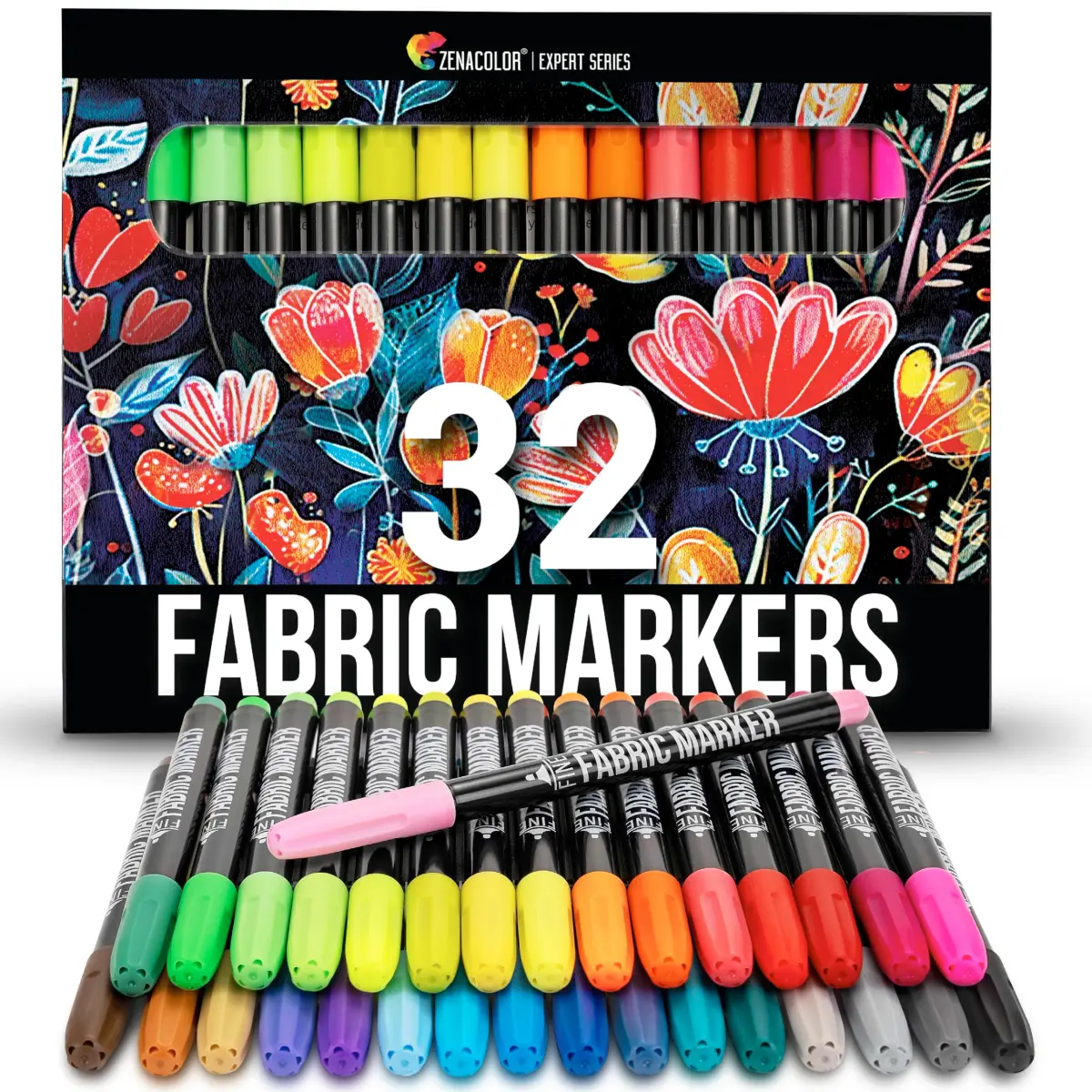Zenacolor 32 Fabric Markers Pens - Non-Toxic, Permanent, Fine Tip | Vibrant Colors for Textiles & Crafts - main product image